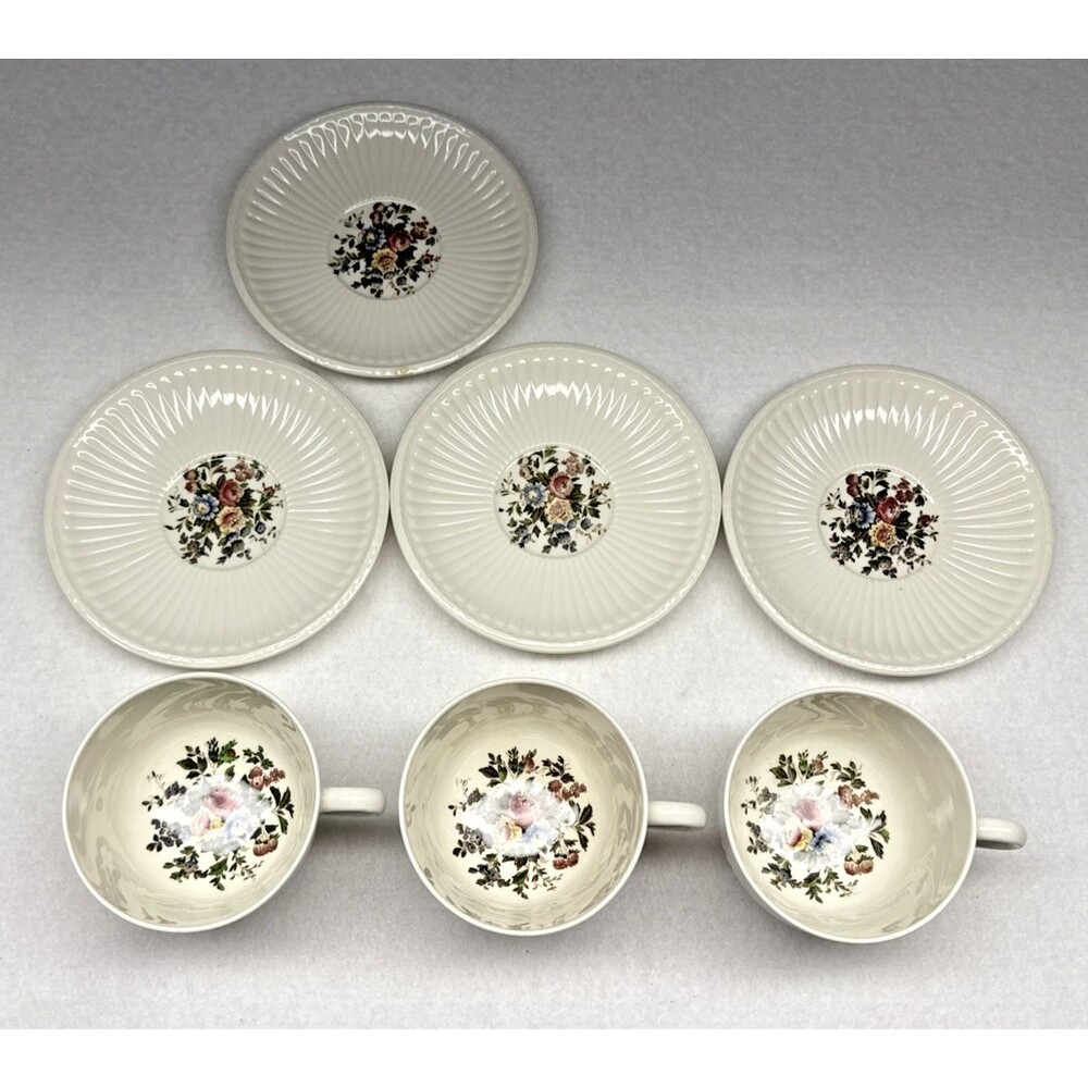 Wedgwood Edme Conway Cups Saucers Set Floral England Vintage 3 Cups 4 Saucers